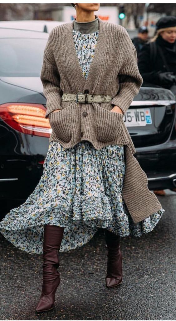 Model wearing a spring floral dress with a brown cardigan
