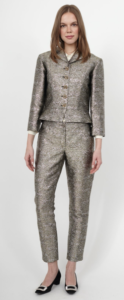 White female model styled in grey pantsuit