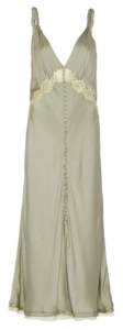 Olive green floor length dress with pale gold detailing around the waist