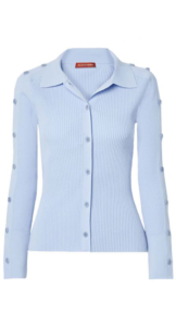 Light blue women's button up with dots on sleeves