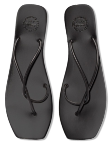 Black V-thong style summer sandals with a logo on the heel